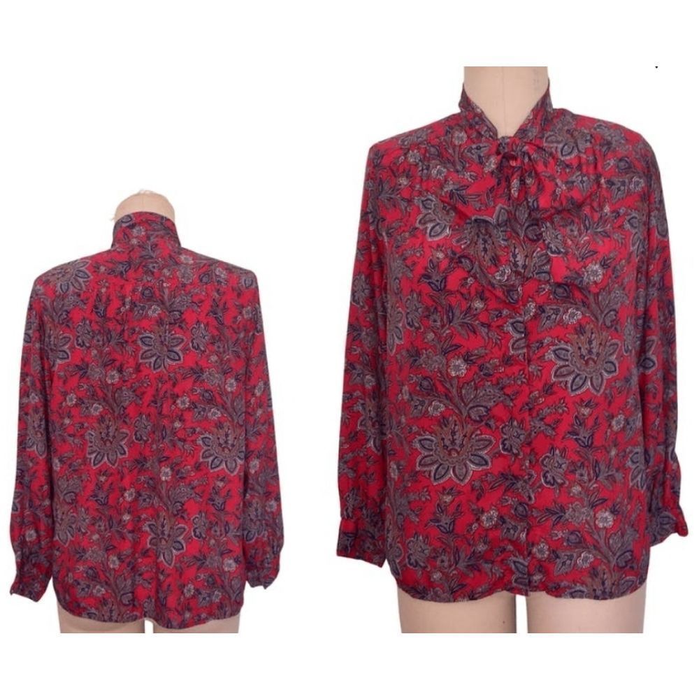 Alfred Dunner Vintage Secretary Attached Bow Blouse Red Paisley Retro Chic Sz. 8